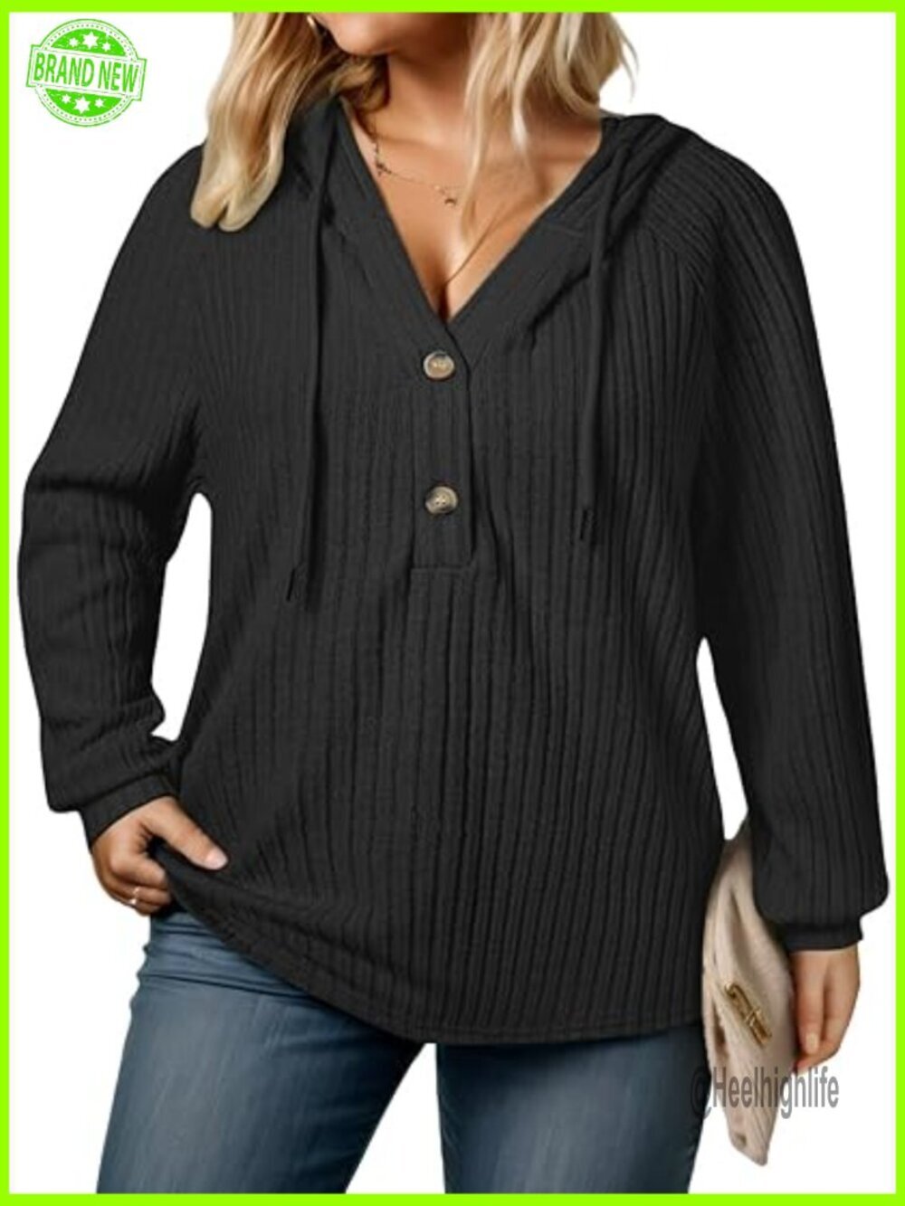 Plus Size V-Neck Hooded Sweater Lightweight Knit Pullover Long Sleeve